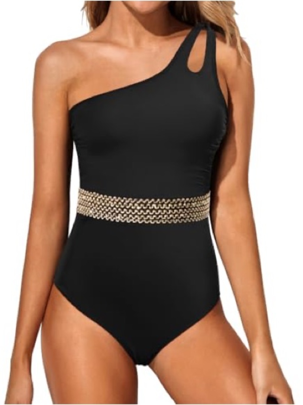 Asymmetric Black One-Piece Swimsuit with Gold Waistband